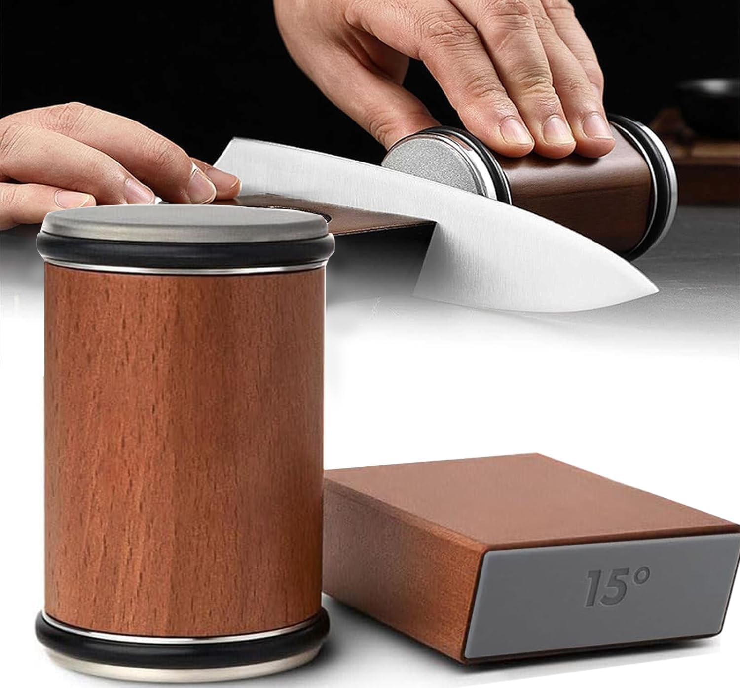 Wooden knife sharpener with a person using it on a white background